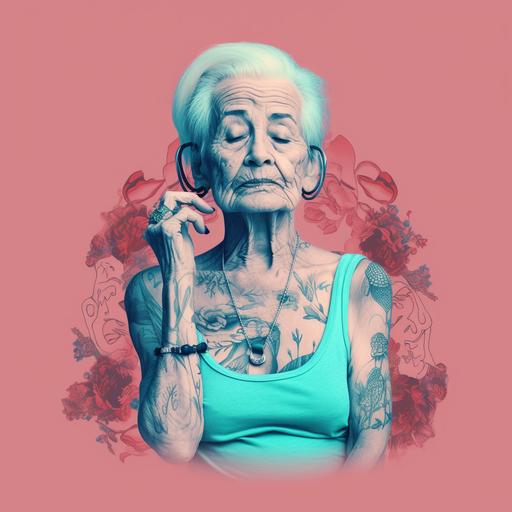 old lady with tattoos on arms and neck, vaporwave, collage, vivd colors, clean flat backgrounds --v 5