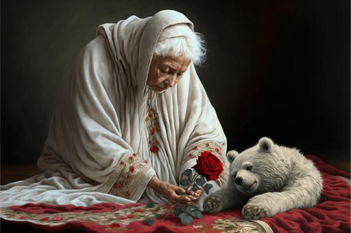 old lady with white hair and frail hand embroidering a beautiful long fabric with red roses, embroidered teddy bear laying on the ground --ar 3:2