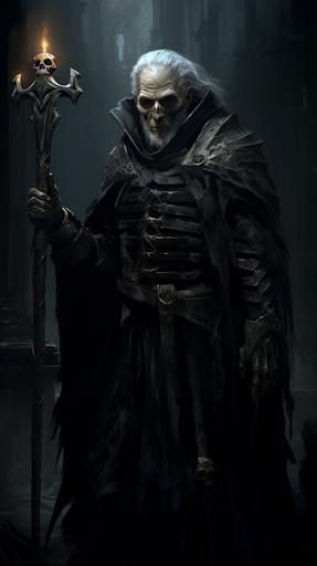 old man Necromancer, slowly turning undead, black robes, dark iron crown, black Dagger --ar 9:16