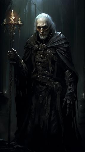 old man Necromancer, slowly turning undead, black robes, dark iron crown, black Dagger --ar 9:16