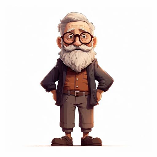 old man cartoon with glasses, medium long beard, mustaches, full body and white background