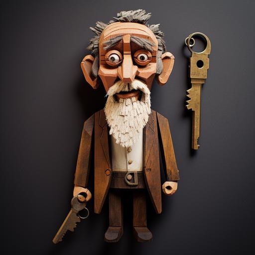 old man key cutter, character design, cutout wood