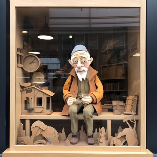 old man key cutter, character design, cutout wood, window shop front display