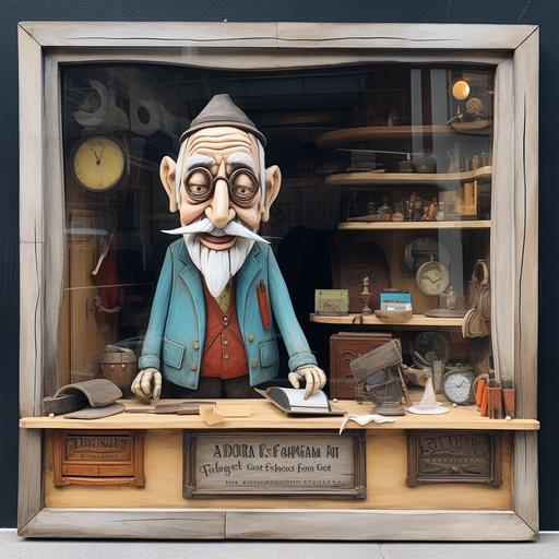 old man key cutter, character design, cutout wood, window shop front display