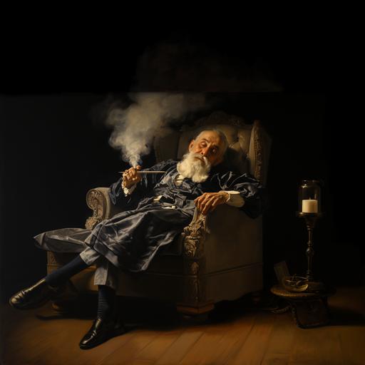 old man smoking a pipe in a fancy chair with smoke in the air oil painting Caravaggio
