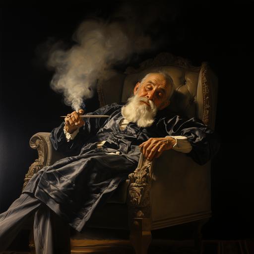 old man smoking a pipe in a fancy chair with smoke in the air oil painting Caravaggio