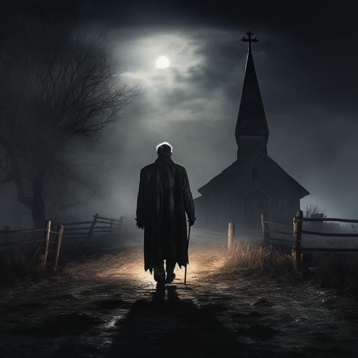 old man standing with a cane at night with fog drifting around and in the far background is an old worn church with a cross on the steeple that is leaning to the right