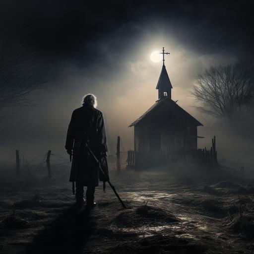 old man standing with a cane at night with fog drifting around and in the far background is an old worn church with a cross on the steeple that is leaning to the right