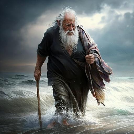 old man walk in sea and hold bnana