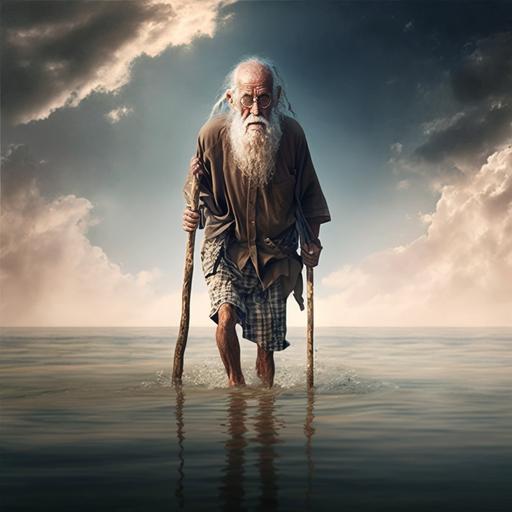 old man walk in sea and hold bnana