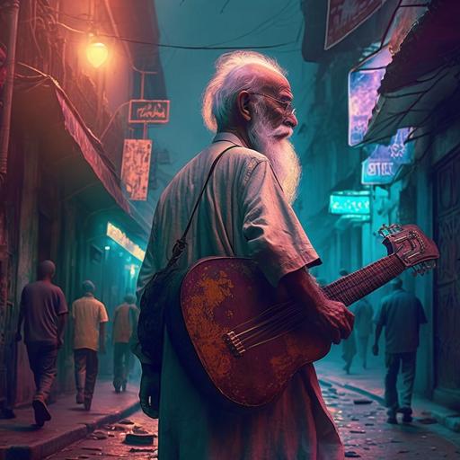 old man walking with guitar in busy street of Old Calcutta 1970. Neon. Old Street lights. Hope in eyes. Ultra real. 8k.