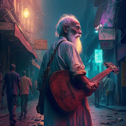 old man walking with guitar in busy street of Old Calcutta 1970. Neon. Old Street lights. Hope in eyes. Ultra real. 8k.