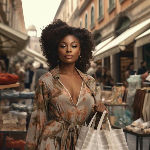 old money aesthetic african american woman model in Italian market shopping holding luxury shopping bags positioned away from the camera, porshe in the background, photorealistic