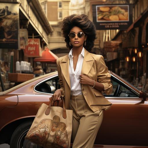 old money aesthetic african american woman model in Italian market shopping holding luxury shopping bags positioned away from the camera, porshe in the background, photorealistic