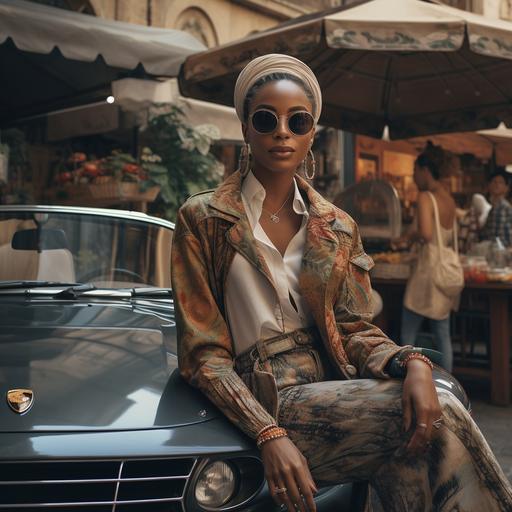 old money aesthetic african american woman model in Italian market shopping, porshe in the background, photorealistic