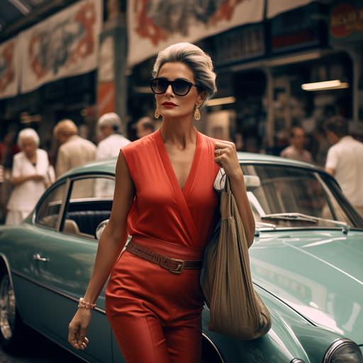 old money aesthetic latin woman model in Italian market shopping, porshe in the background, photorealistic