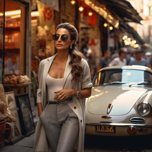old money aesthetic latin woman model in Italian market shopping, porshe in the background, photorealistic