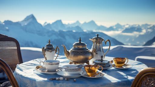 old money aesthetic, steaming cups of hot tea in a luxurious full spread blue and white bone china high tea set with gold accents on a worldly majestic rooftop terrace with the snow-covered mountains of the Swiss Alps in the background, sony a7s, --ar 16:9