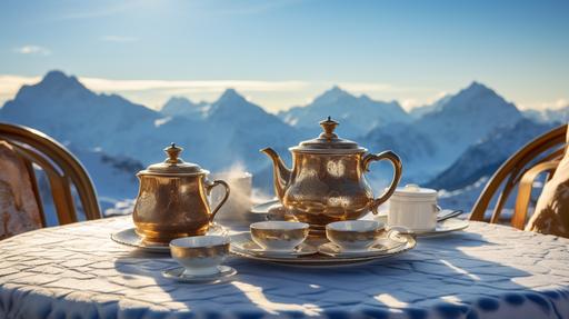 old money aesthetic, steaming cups of hot tea in a luxurious full spread blue and white bone china high tea set with gold accents on a worldly majestic rooftop terrace with the snow-covered mountains of the Swiss Alps in the background, sony a7s, --ar 16:9