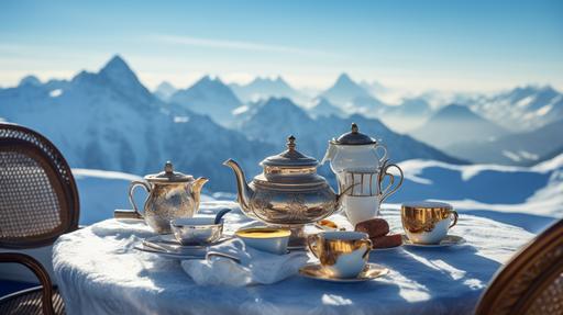 old money aesthetic, steaming cups of hot tea in a luxurious full spread blue and white bone china high tea set with gold accents on a worldly majestic rooftop terrace with the snow-covered mountains of the Swiss Alps in the background, sony a7s, --ar 16:9