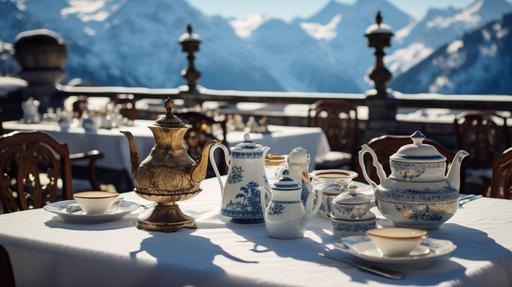 old money aesthetic, wide depth of field at an angle, fancy long table with many vintage rattan cane bistro chairs, full high tea spread, many cups of hot tea, steam wafting up into the air, tea in a luxurious blue and white bone china high tea set with gold accents on a stately majestic stone rooftop terrace with the snow-covered mountains of the Swiss Alps in the background, sony a7s, --ar 16:9