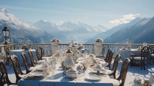 old money aesthetic, wide depth of field at an angle, fancy long table with many vintage rattan cane bistro chairs, full high tea spread, many cups of hot tea, steam wafting up into the air from tea cups, tea in a luxurious blue and white bone china high tea set with gold accents on a stately majestic stone rooftop terrace with the snow-covered mountains of the Swiss Alps in the background and a winding river valley below, sony a7s, f1.7, --ar 16:9