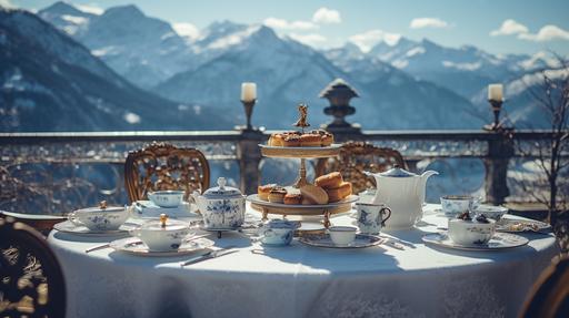 old money aesthetic, wide depth of field at an angle, fancy long table with many vintage rattan cane bistro chairs, full high tea spread, many cups of hot tea, steam wafting up into the air, tea in a luxurious blue and white bone china high tea set with gold accents on a stately majestic stone rooftop terrace with the snow-covered mountains of the Swiss Alps in the background, sony a7s, --ar 16:9