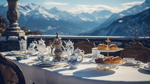 old money aesthetic, wide depth of field at an angle, fancy long table with many vintage rattan cane bistro chairs, full high tea spread, many cups of hot tea, steam wafting up into the air, tea in a luxurious blue and white bone china high tea set with gold accents on a stately majestic stone rooftop terrace with the snow-covered mountains of the Swiss Alps in the background, sony a7s, --ar 16:9