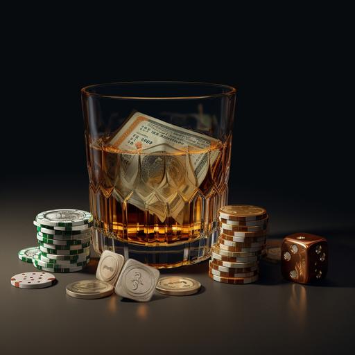 old money vibes, casino, poker, dollars, money, minimalist, beige, , a detailed, superrealistic, 4k, diorite, whiskey glass with shadows, png