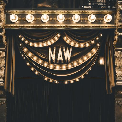 old new york. broadway theater. marquee sign. black and white. gold curtains. light bulbs