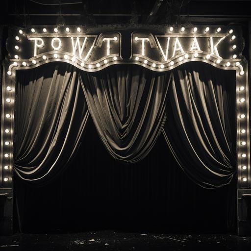 old new york. broadway theater. marquee sign. black and white. gold curtains. light bulbs