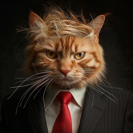 old orange cat in suit in red tie with floppy human hair on top of his head realistic president like