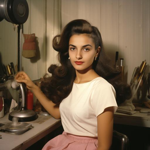 old photo 1957 . one woman young with long hair spanish persian and with t-shirt simple white product . in hair salon . pink