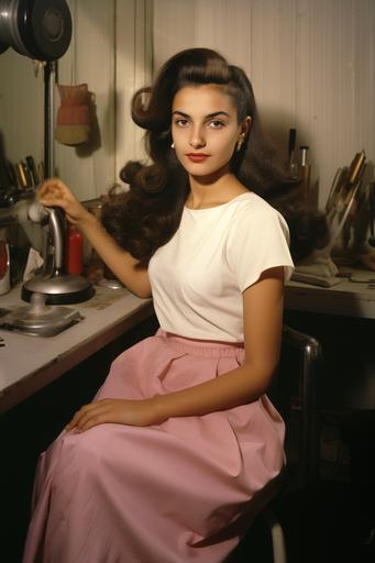 old photo 1957 . one woman young with long hair spanish persian and with t-shirt simple white product . in hair salon . pink