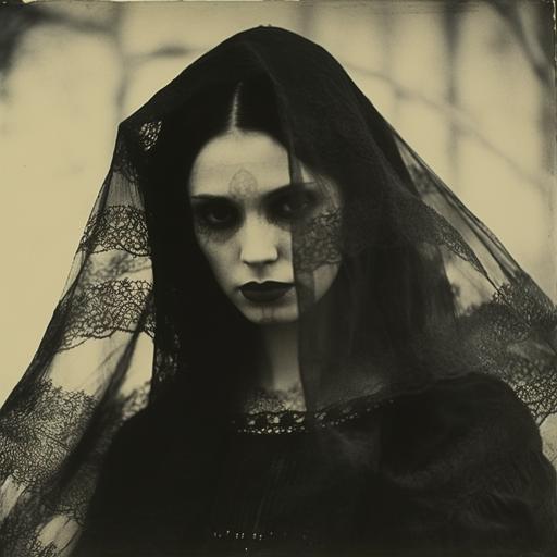 old photograph, gothic priestess of death, shawl, black veil, extremely pale skin