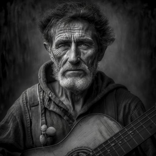 old photography portrait in black and white guy with guitar 4k ultrarealistic