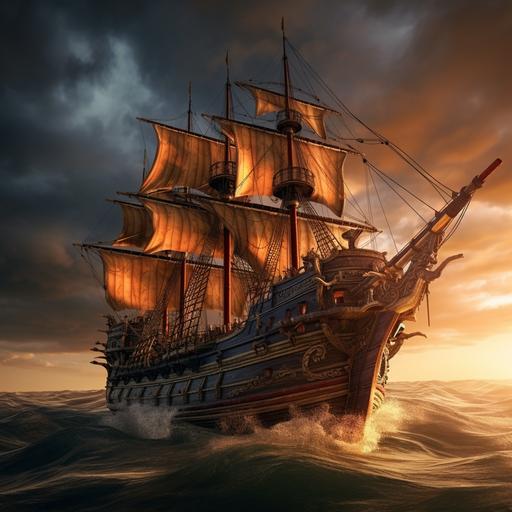 old pirate ship . Hd. Fantasy art. Photography. Photo realistic. 4k