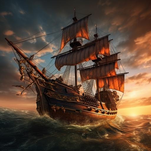 old pirate ship . Hd. Fantasy art. Photography. Photo realistic. 4k