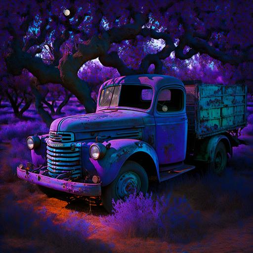 old purple truck sitting in the orchard , was fruit pickers truck , rusting , old wooden apple crates in the back , old fruit trees , intricate, insane detail, , up light , inner glow , strobe light --v 4 --q 2 --v 4