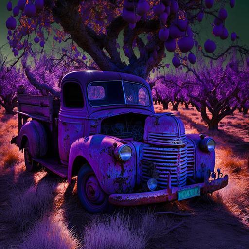 old purple truck sitting in the orchard , was fruit pickers truck , rusting , old wooden apple crates in the back , old fruit trees , intricate, insane detail, , up light , inner glow , strobe light --v 4 --q 2 --v 4