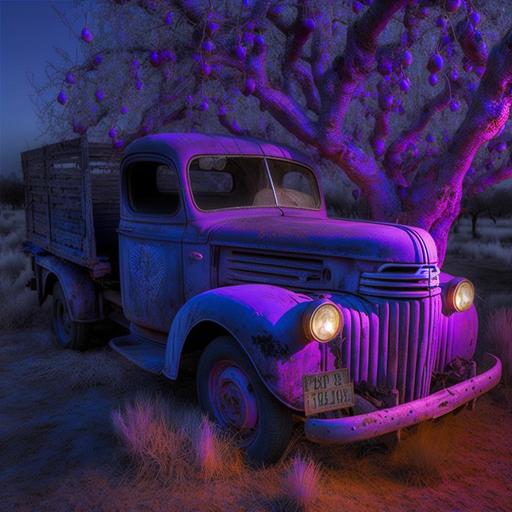 old purple truck sitting in the orchard , was fruit pickers truck , rusting , old wooden apple crates in the back , old fruit trees , intricate, insane detail, , up light , inner glow , strobe light --v 4 --q 2 --v 4