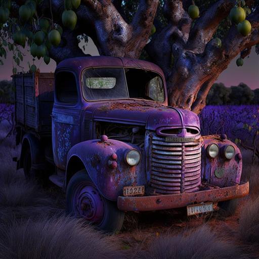 old purple truck sitting in the orchard , was fruit pickers truck , rusting , old wooden apple crates in the back , old fruit trees , intricate, insane detail, , up light , inner glow , strobe light --v 4 --q 2 --v 4