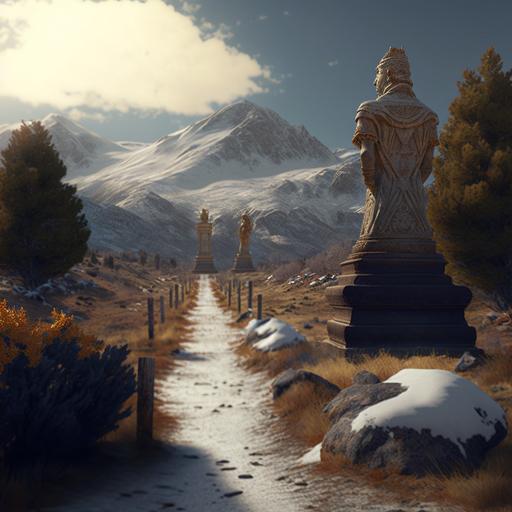 old roman road, cobblestoned, abandoned, derelict, winding through pine woodlands, old statues of kings and emperors on the roadside, distant snowcapped mountains, winter, snow, sunshine, golden light, photorealistic, cinematic, high detail