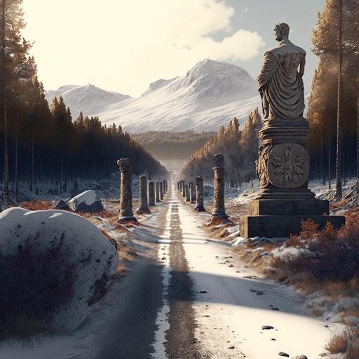 old roman road, cobblestoned, abandoned, derelict, winding through pine woodlands, old statues of kings and emperors on the roadside, distant snowcapped mountains, winter, snow, sunshine, golden light, photorealistic, cinematic, high detail