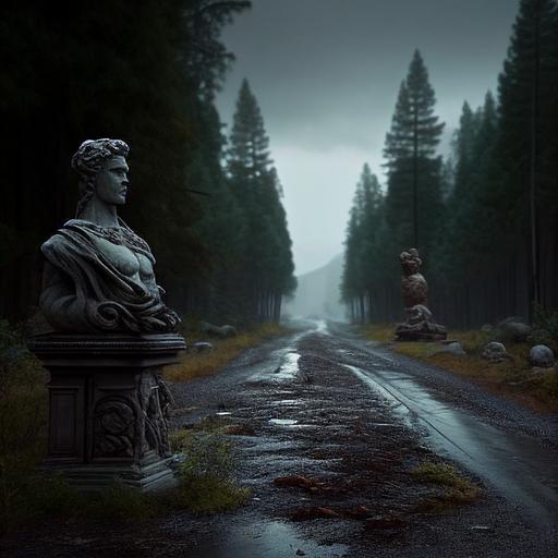old roman road, cobblestoned, abandoned, derelict,crossing through pine woodlands, old statues of kings and emperors on the roadside, distant snowcapped mountains, misty, rain, photorealistic, cinematic, high detail