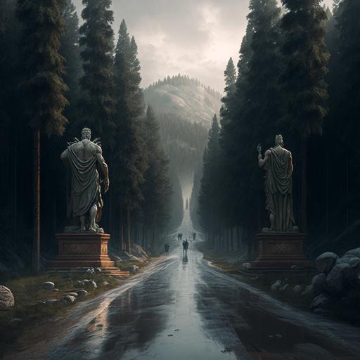 old roman road, crossing through pine woodlands, old statues of kings and emperors on the roadside, distant snowcapped mountains, misty, rain, photorealistic, cinematic, high detail