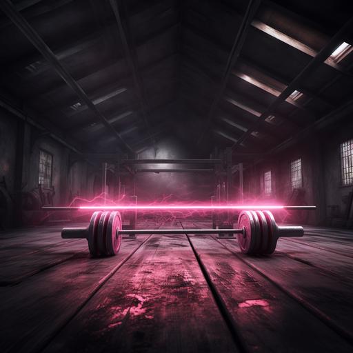 old school gym, pink lightning, barbell, weight lifting belt, hyper realistic, moody and dark, 4k resolution, v5
