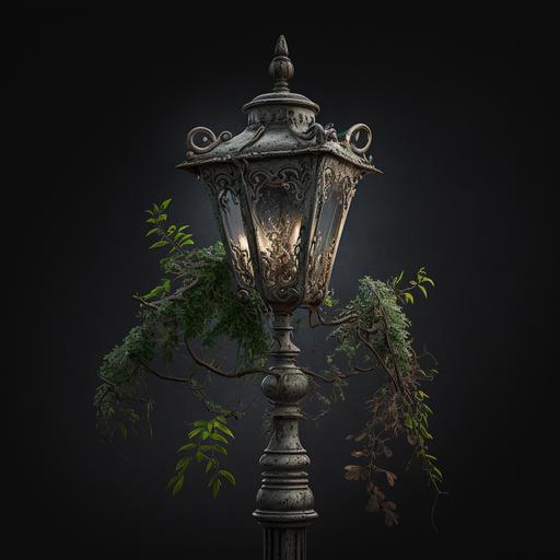 old street lamp, dim light, with vegetation growing, paint chipped and worn after an apocalypse, gray background, with top lighting. Dark gray background highlighted image of the object. JPG of 21069 x 21069 pixels.