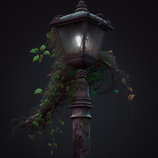old street lamp, dim light, with vegetation growing, paint chipped and worn after an apocalypse, gray background, with top lighting. Dark gray background highlighted image of the object. JPG of 21069 x 21069 pixels.