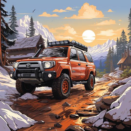 old style red Toyota 4Runner in the snow in front of a log cabin cartoon style --s 750